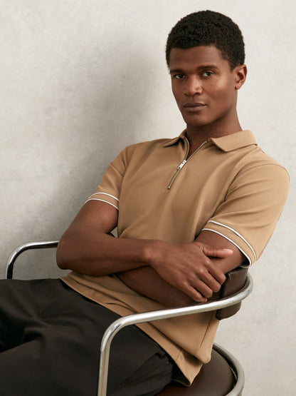 Reiss Textured Half-Zip Tipped Polo Shirt in Camel