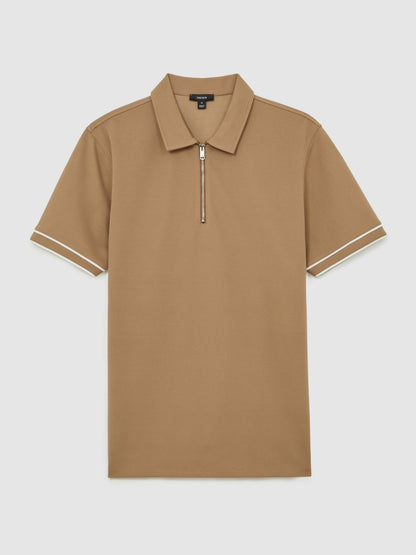 Reiss Textured Half-Zip Tipped Polo Shirt in Camel
