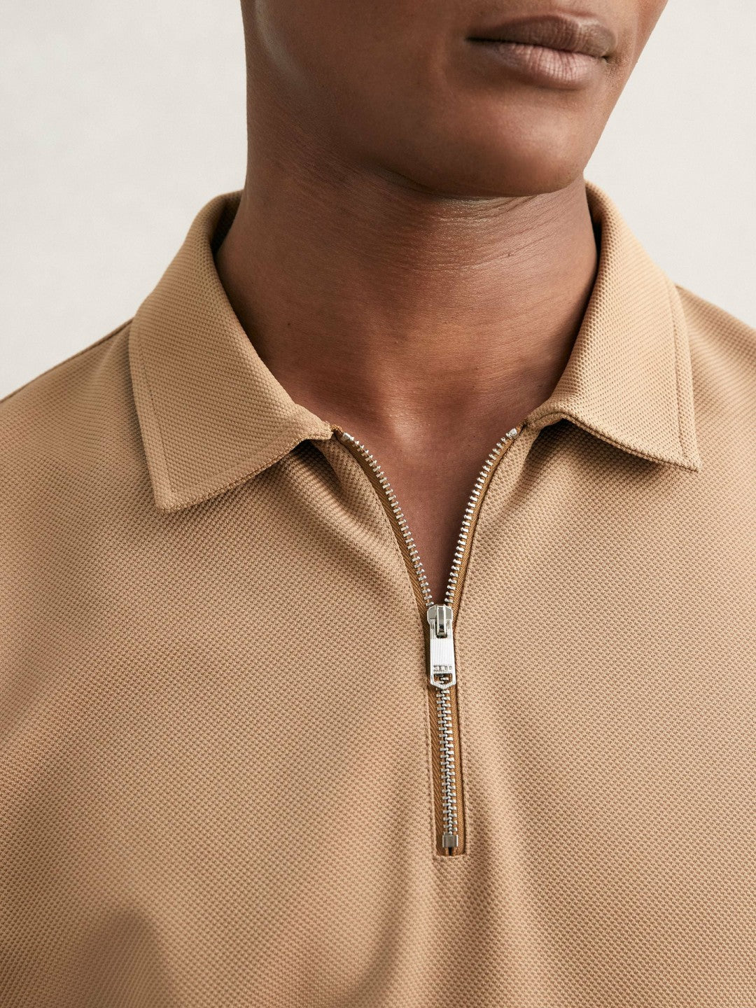 Reiss Textured Half-Zip Tipped Polo Shirt in Camel