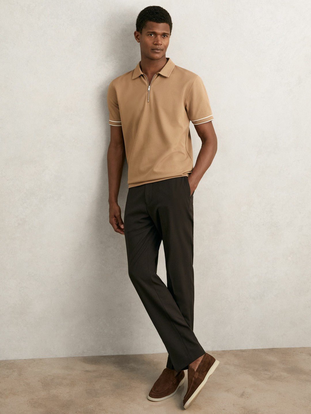 Reiss Textured Half-Zip Tipped Polo Shirt in Camel