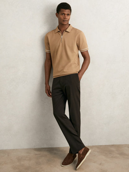 Reiss Textured Half-Zip Tipped Polo Shirt in Camel