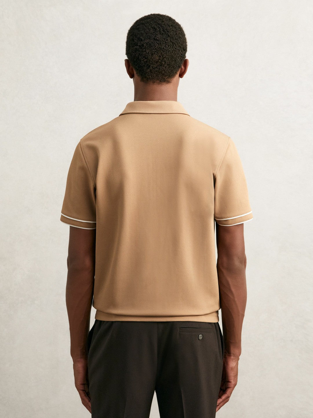 Reiss Textured Half-Zip Tipped Polo Shirt in Camel