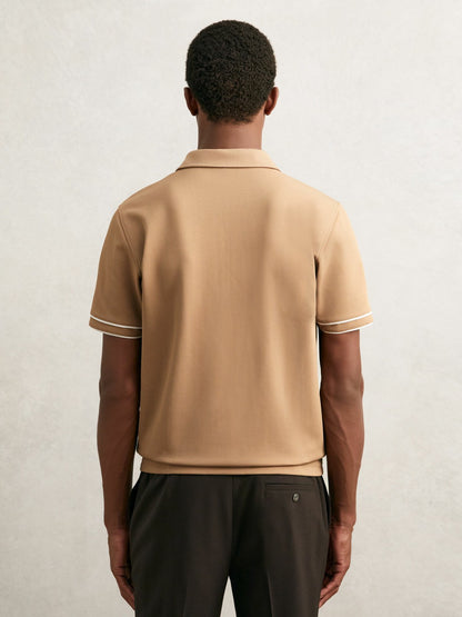 Reiss Textured Half-Zip Tipped Polo Shirt in Camel