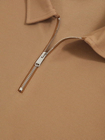 Reiss Textured Half-Zip Tipped Polo Shirt in Camel