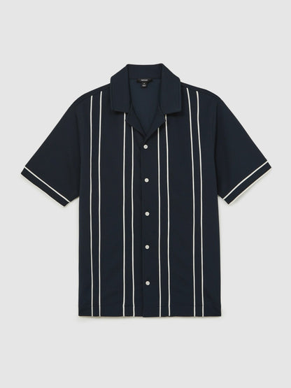 Reiss Piped-Stripe Cuban-Collar Shirt in Navy/White