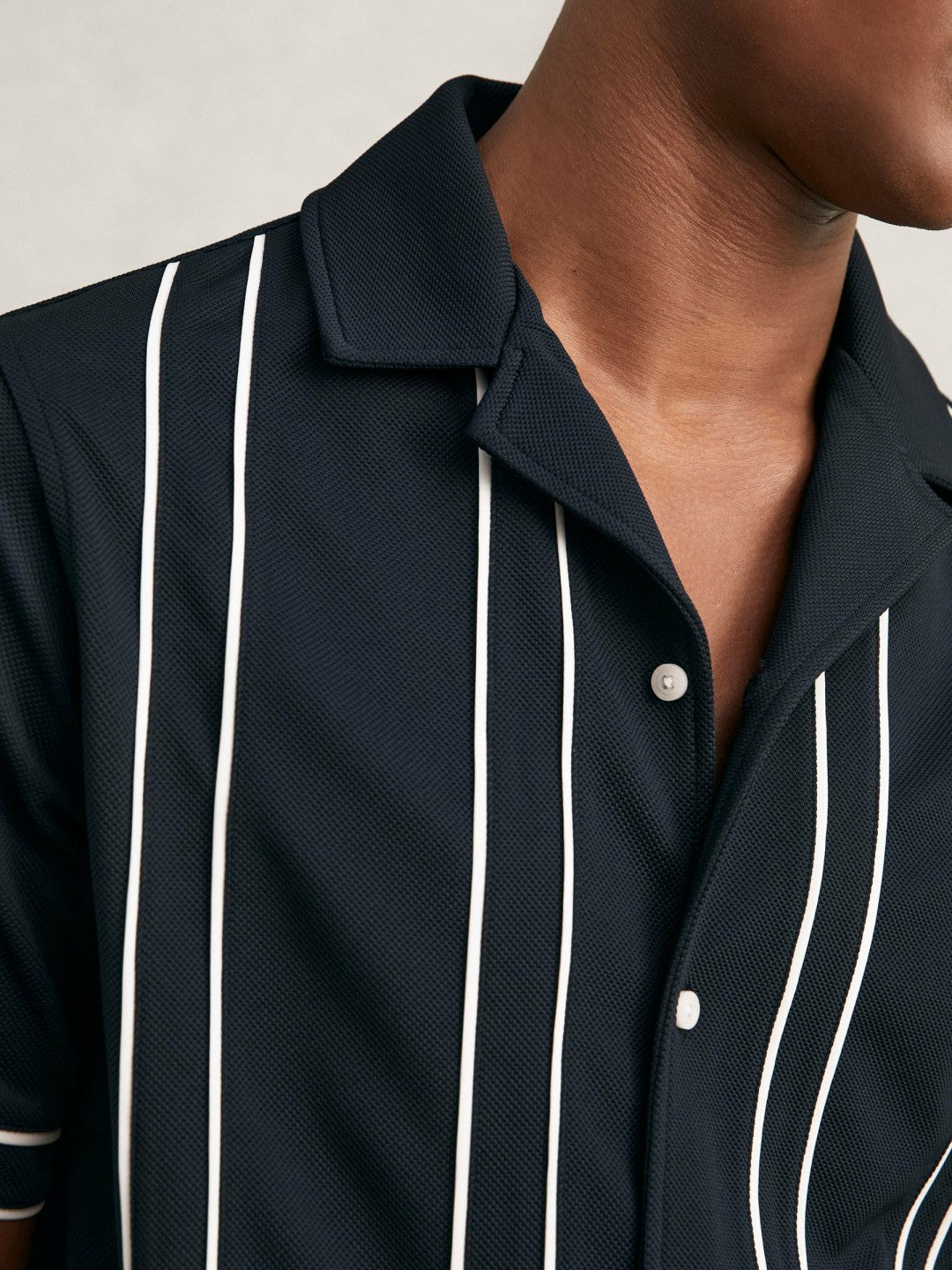 Reiss Piped-Stripe Cuban-Collar Shirt in Navy/White