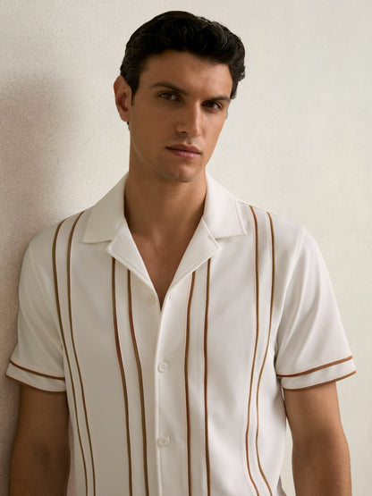 Reiss Piped-Stripe Cuban-Collar Shirt in White/Camel
