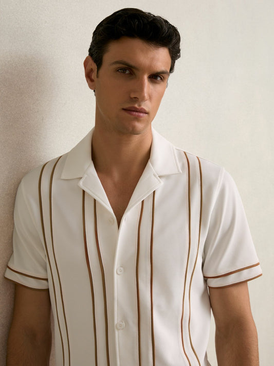 Reiss Piped-Stripe Cuban-Collar Shirt in White/Camel