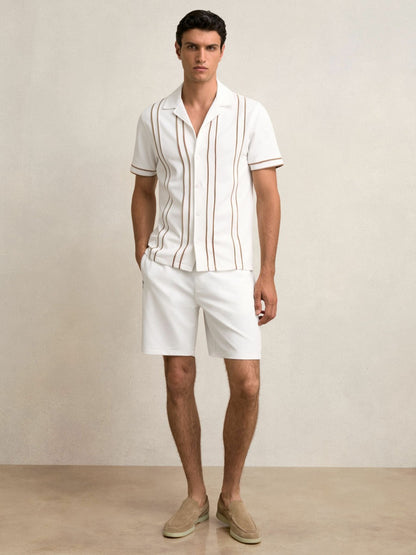 Reiss Piped-Stripe Cuban-Collar Shirt in White/Camel