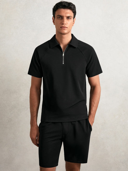 Reiss Textured Raglan Half-Zip Polo Shirt in Black