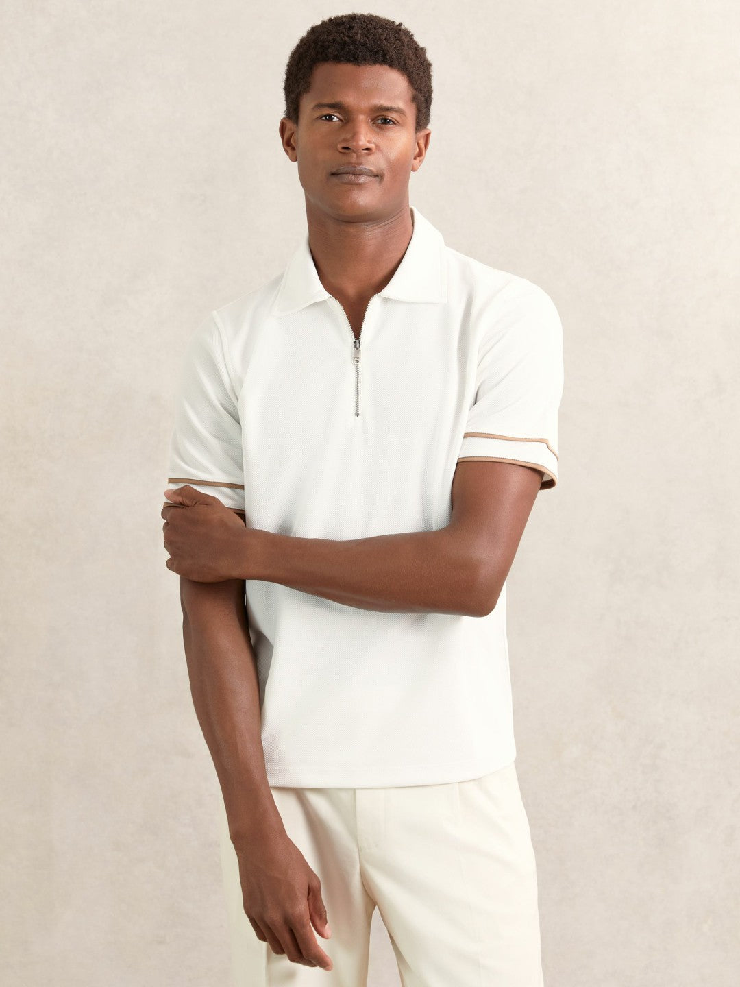Reiss Textured Half-Zip Tipped Polo Shirt in White