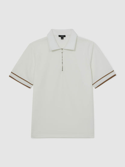 Reiss Textured Half-Zip Tipped Polo Shirt in White
