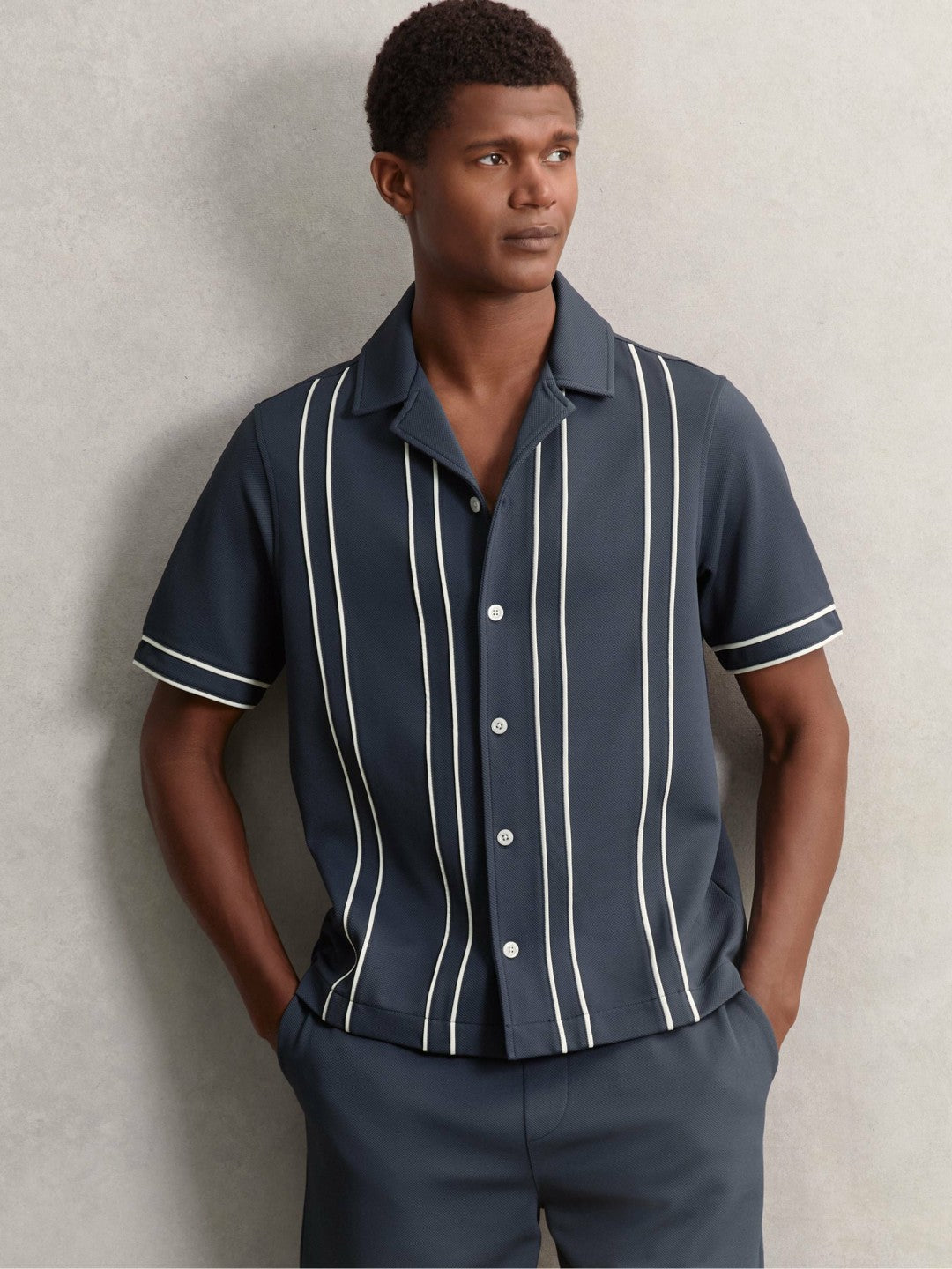 Reiss Piped-Stripe Cuban-Collar Shirt in Airforce Blue