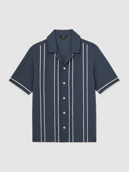 Reiss Piped-Stripe Cuban-Collar Shirt in Airforce Blue