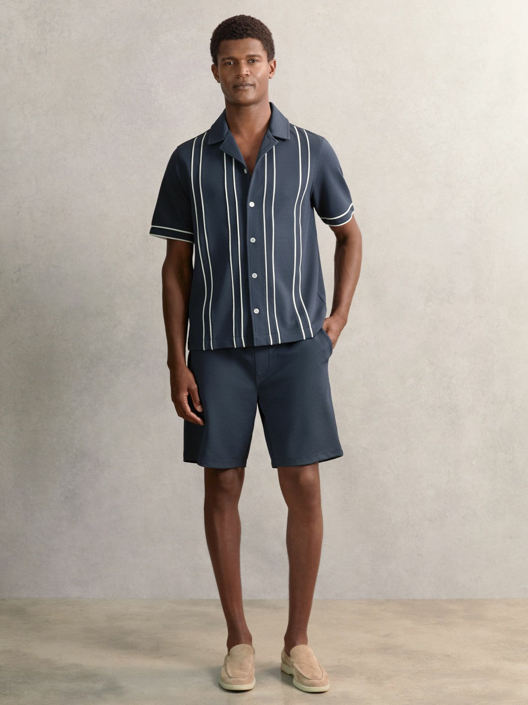 Reiss Piped-Stripe Cuban-Collar Shirt in Airforce Blue