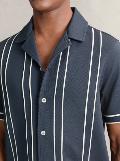 Reiss Piped-Stripe Cuban-Collar Shirt in Airforce Blue