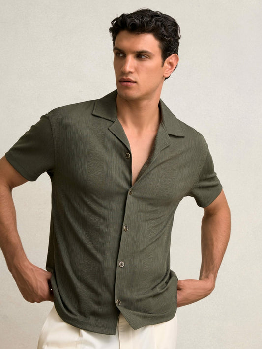 Reiss Jacquard-Stripe Cuban-Collar Shirt in Dark Green