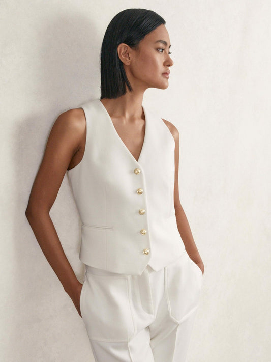 Reiss Single-Breasted Twill Waistcoat With Wool in White