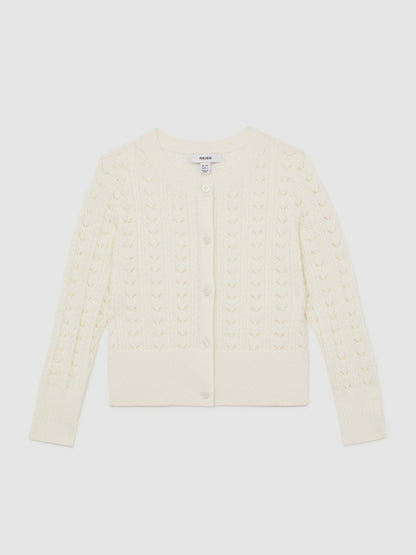 Reiss Wool-Cotton Pointelle Cardigan in Ivory