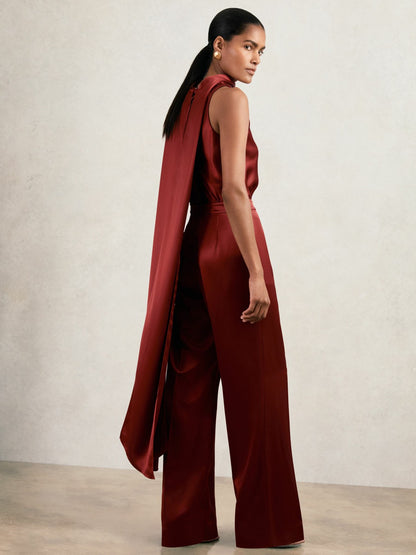 Reiss Petite Satin Cape-Sash Jumpsuit in Dark Red