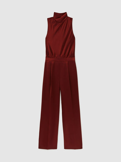 Reiss Petite Satin Cape-Sash Jumpsuit in Dark Red