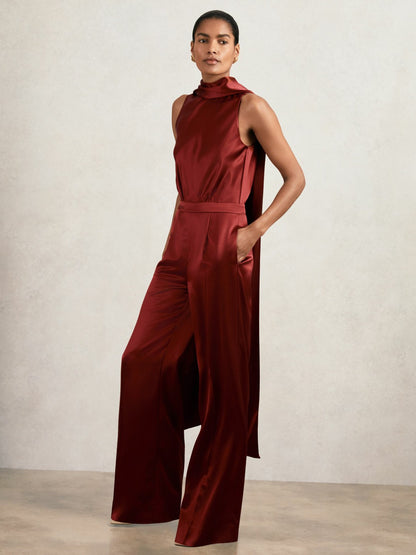 Reiss Petite Satin Cape-Sash Jumpsuit in Dark Red