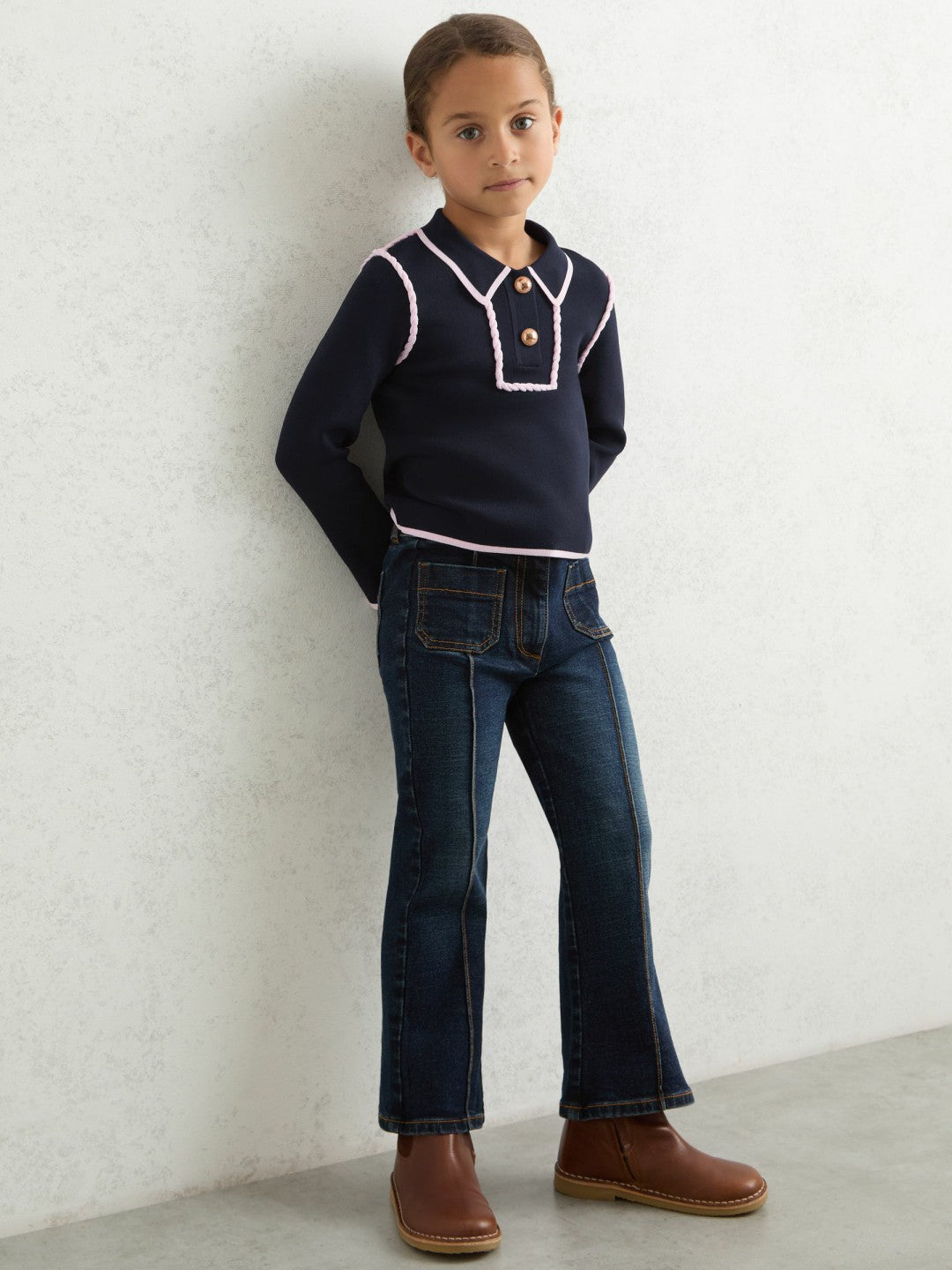 Reiss 3-9 yrs Piped Knitted Collar Top in Navy