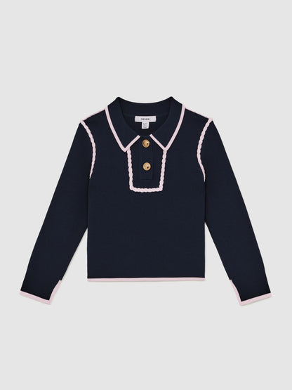 Reiss 9-13 yrs Piped Knitted Collar Top in Navy
