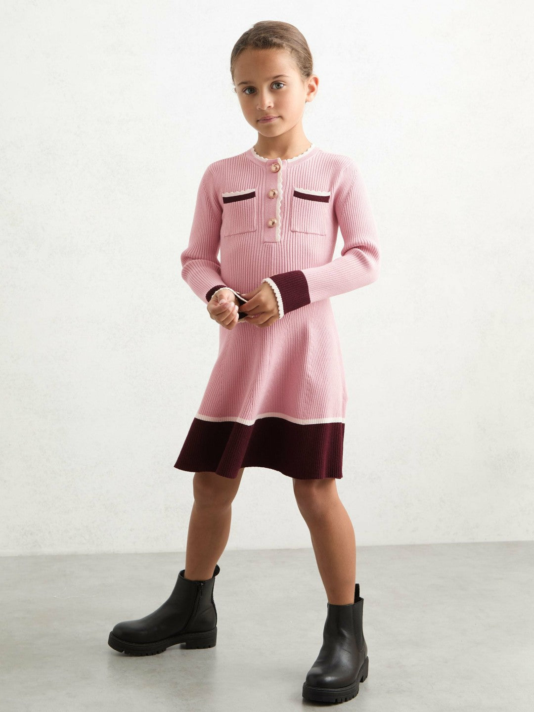 Reiss 9-13 yrs Scallop-Trim Rib-Knit Dress in Pink