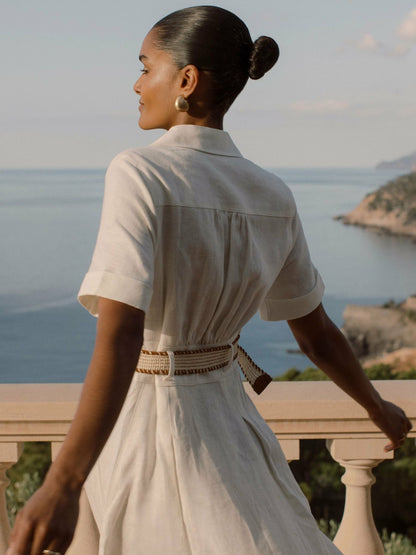 Reiss Linen Belted Midi Shirt Dress in Ivory