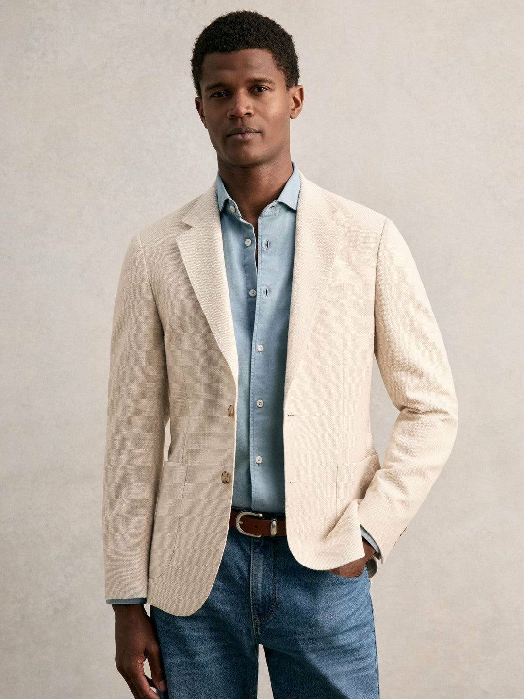 Reiss Slim Fit Single Breasted Textured Blazer with Cotton in Stone