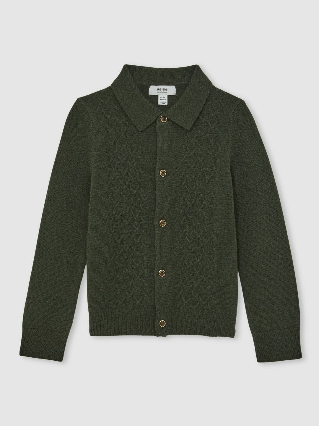 Reiss 9-13 yrs Wool V-Stitch Button-Through Cardigan in Forest Green