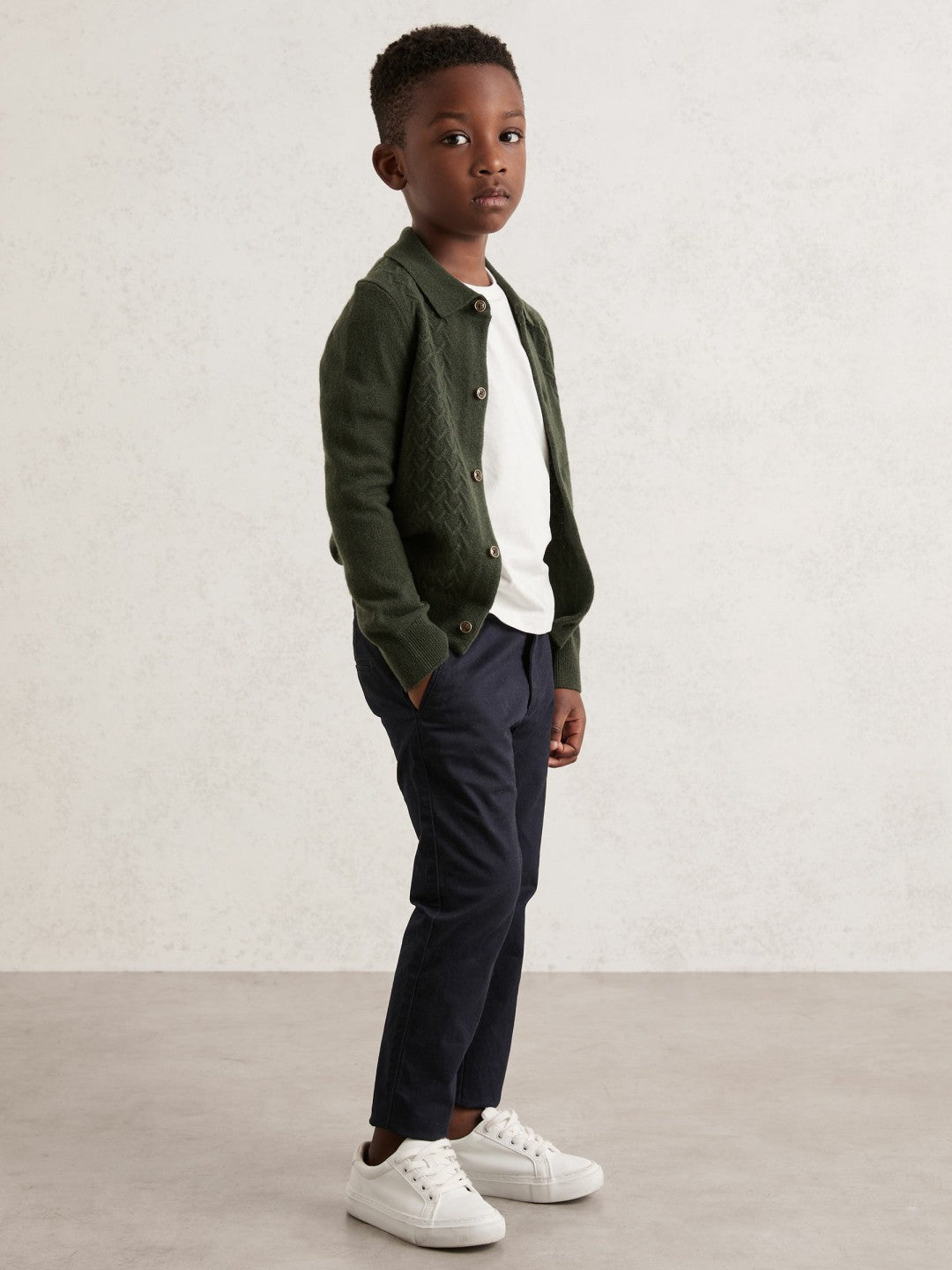 Reiss 9-13 yrs Wool V-Stitch Button-Through Cardigan in Forest Green