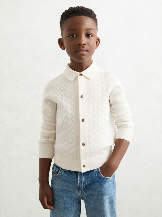 Reiss 3-9 yrs Wool V-Stitch Button-Through Cardigan in Off White