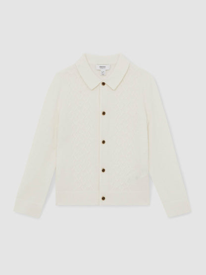 Reiss 3-9 yrs Wool V-Stitch Button-Through Cardigan in Off White