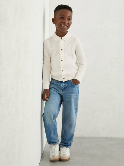 Reiss 3-9 yrs Wool V-Stitch Button-Through Cardigan in Off White