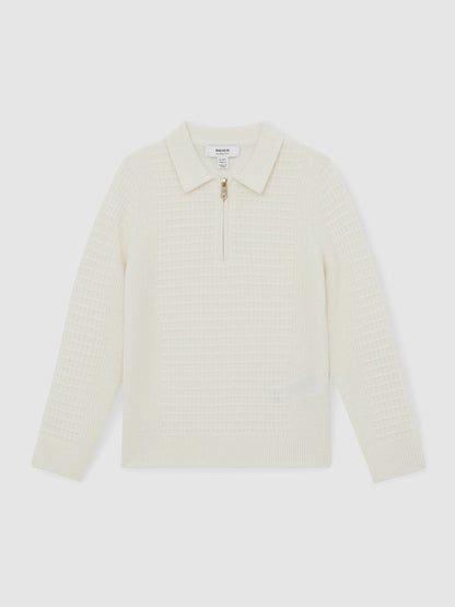 Reiss 3-9 yrs Wool Waffle-Knit Half-Zip Polo Shirt in Off White