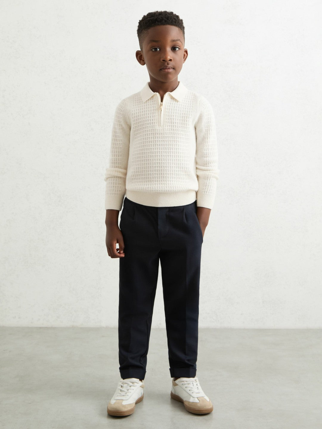 Reiss 3-9 yrs Wool Waffle-Knit Half-Zip Polo Shirt in Off White
