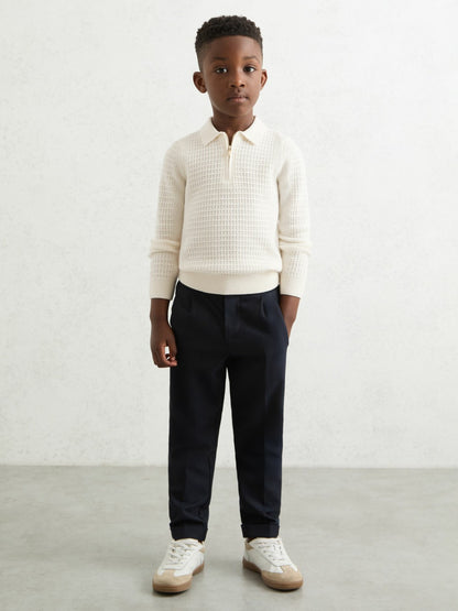 Reiss 3-9 yrs Wool Waffle-Knit Half-Zip Polo Shirt in Off White