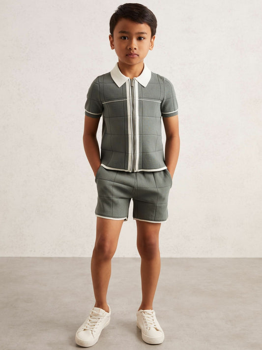 Reiss 13-14 yrs Tipped Knit Zip-Through Shirt in Dark Sage Green
