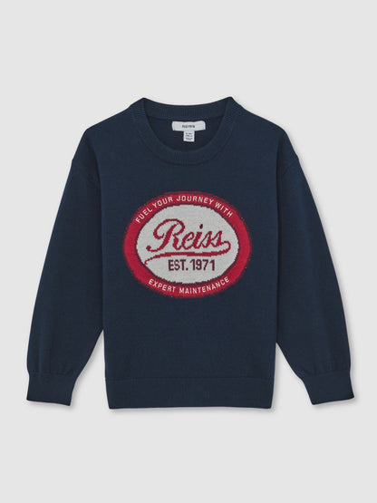 Reiss 13-14 yrs Cotton Motor Cars Logo Jumper in Navy