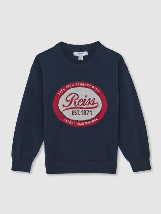 Reiss 13-14 yrs Cotton Motor Cars Logo Jumper in Navy