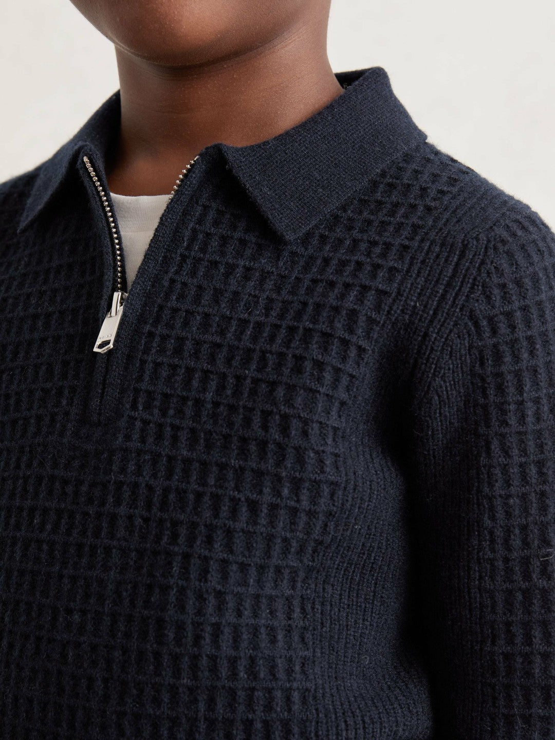 Reiss 9-13 yrs Wool Waffle-Knit Half-Zip Polo Shirt in Navy Blue