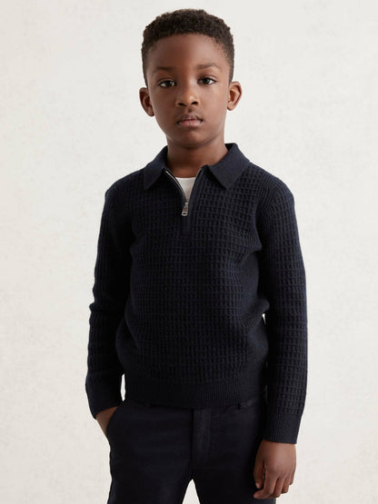 Reiss 9-13 yrs Wool Waffle-Knit Half-Zip Polo Shirt in Navy Blue