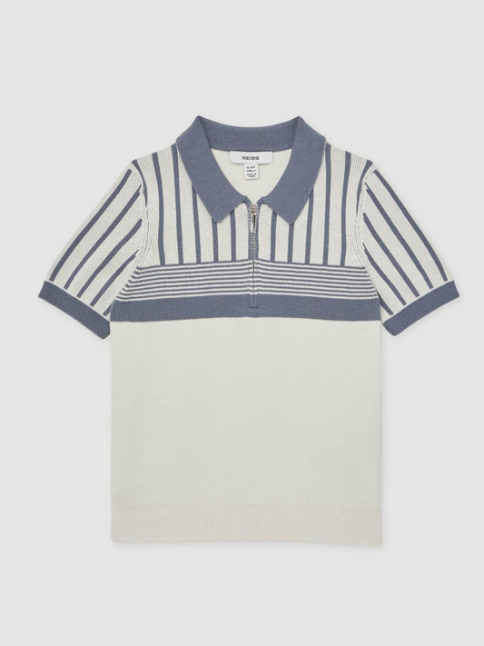 Reiss 13-14 yrs Cotton Stripe Knit Half-Zip Polo Shirt in Off White/ Airforce Blue