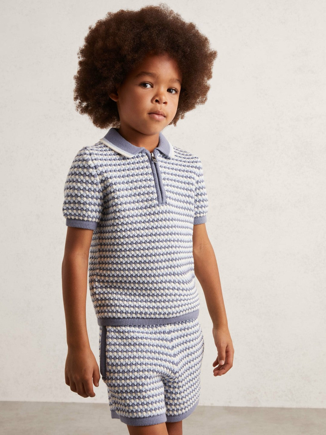 Reiss 9-13 yrs Knitted Stripe Half-Zip Polo Shirt in Blue/White