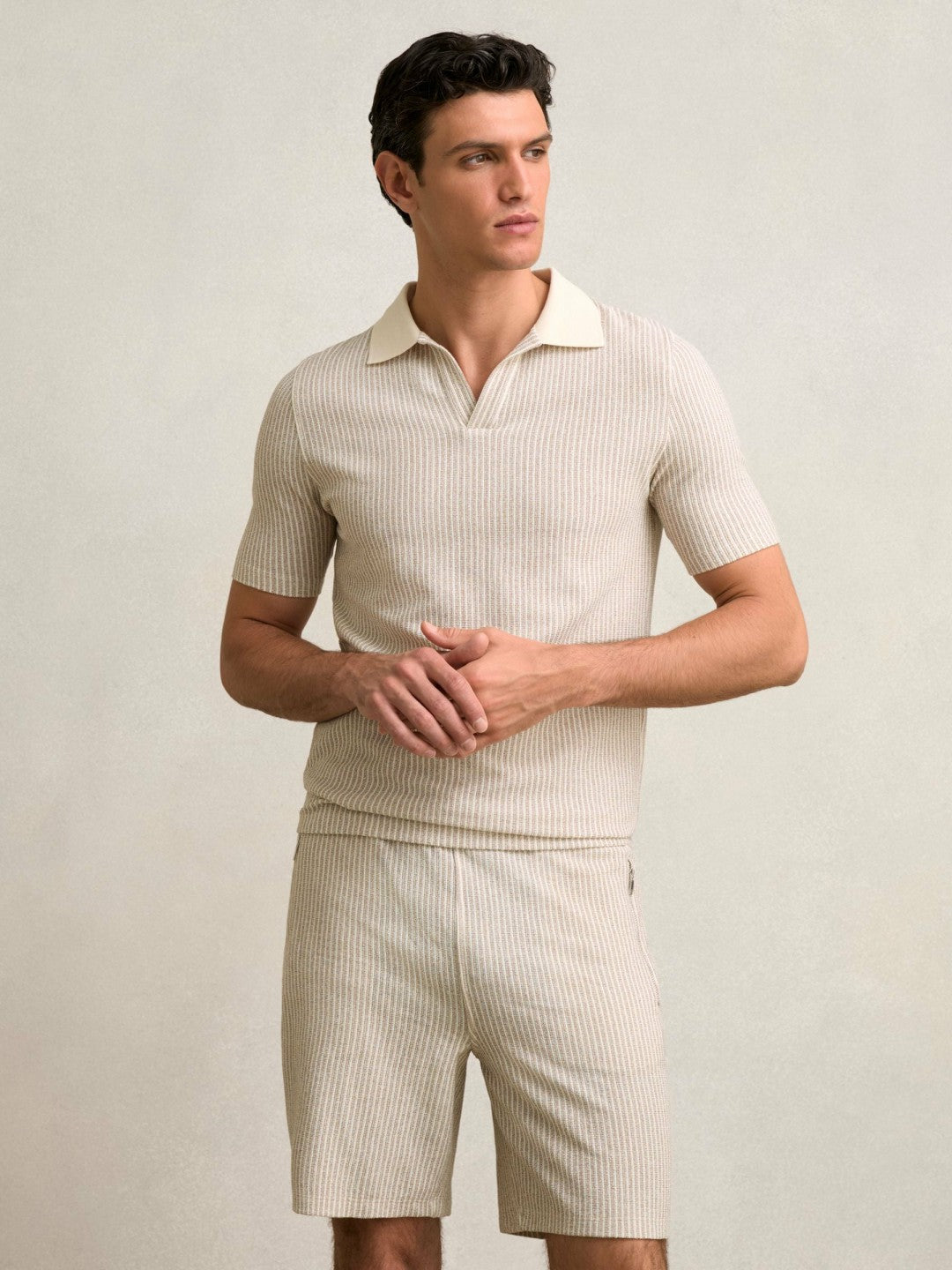 Reiss Cotton-Blend Stripe Drawstring Shorts in Ecru/Taupe Brown