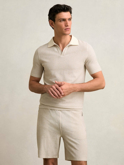 Reiss Cotton-Blend Stripe Drawstring Shorts in Ecru/Taupe Brown