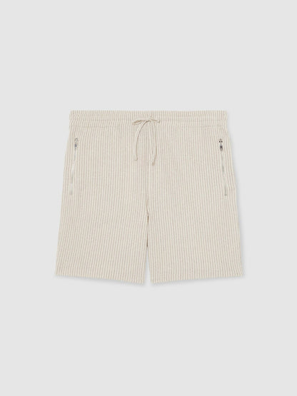 Reiss Cotton-Blend Stripe Drawstring Shorts in Ecru/Taupe Brown