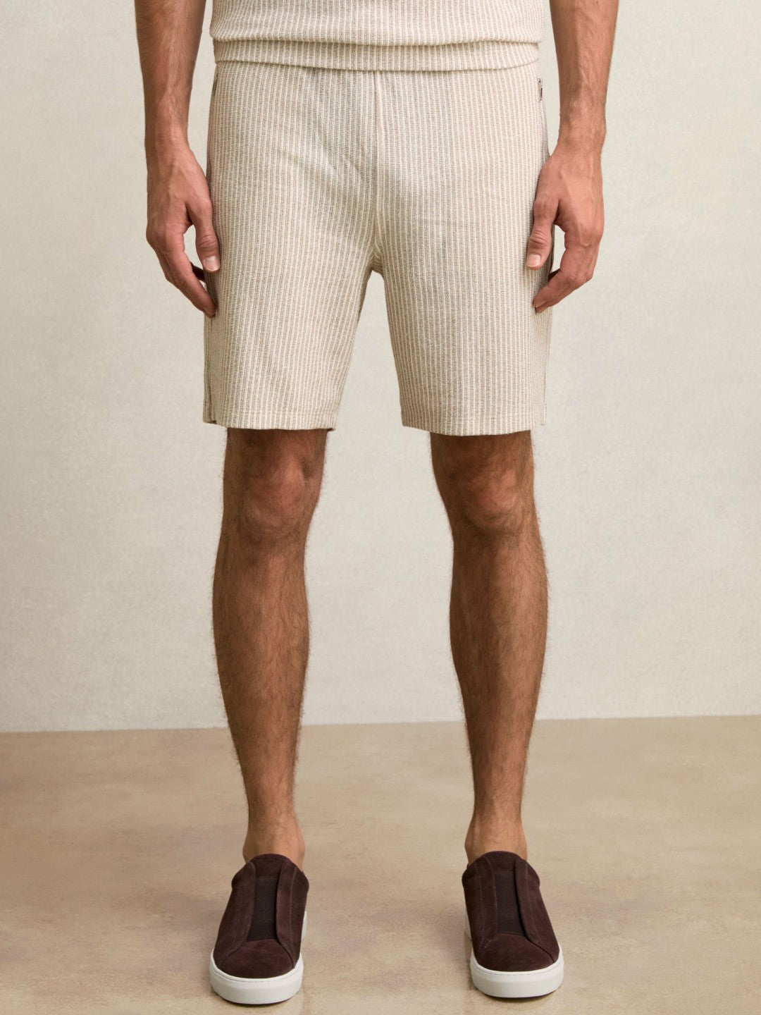 Reiss Cotton-Blend Stripe Drawstring Shorts in Ecru/Taupe Brown